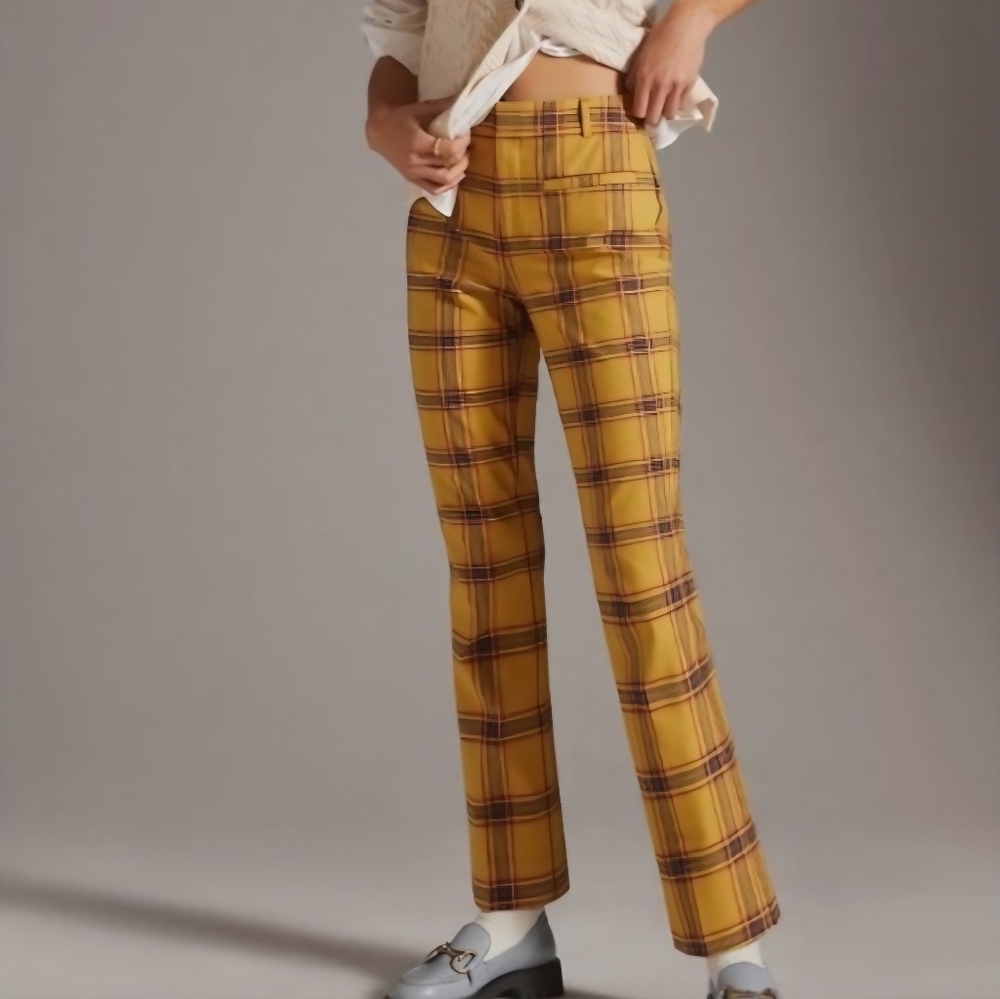 Anthropologie Yellow Plaid Straight-Leg Pants - Picture 2 of 9